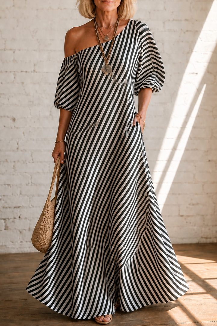 Onestrand – Striped One-Shoulder Puff Sleeve Maxi Dress