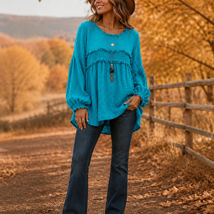 Wovella – Fringe-Trim Pleated-Sleeve Boho Blouse