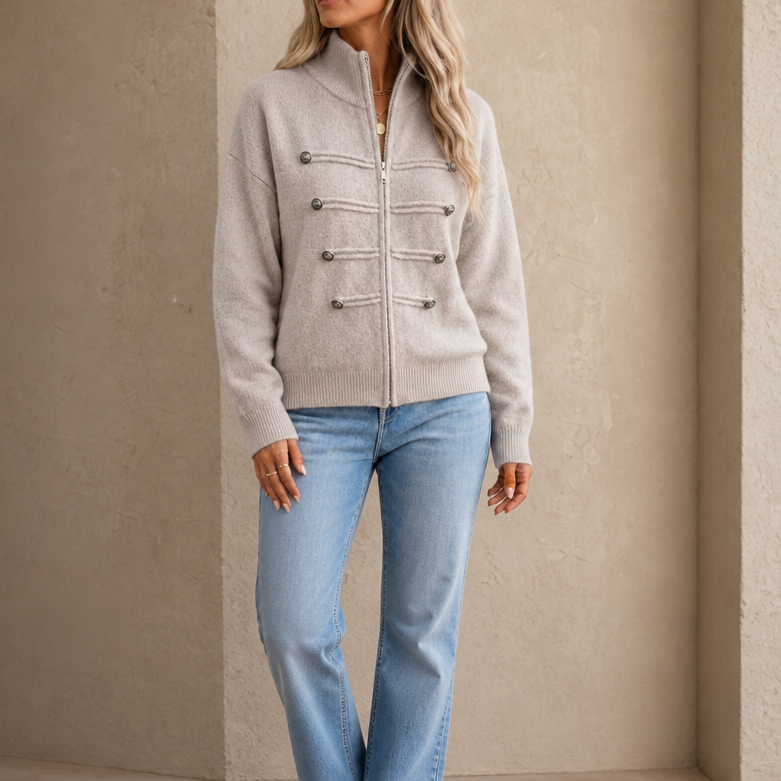 Mayfield – Gold Button Military-Style Knit Cardigan
