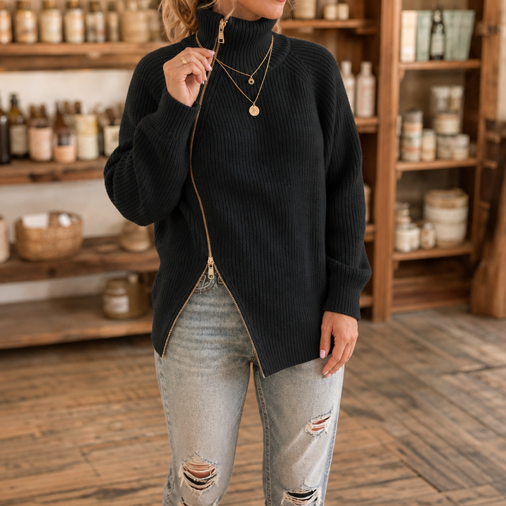 Wearbella – Asymmetric Zip Ribbed Knit Sweater