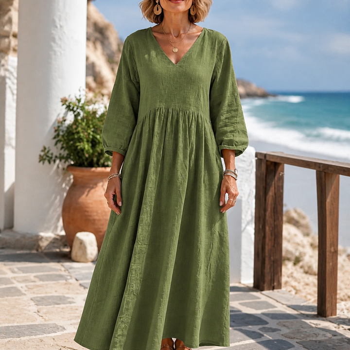 Linenova – Pleated V-Neck Cotton-Linen Look Maxi Dress