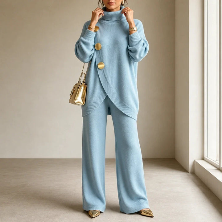 Mackenzie – Gold-Button Asymmetric Knit Two-Piece Set