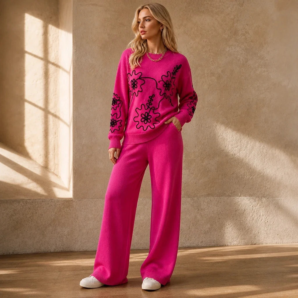 Florenza – Floral Embroidered-Look Knit Sweater And Wide-Leg Pants Set