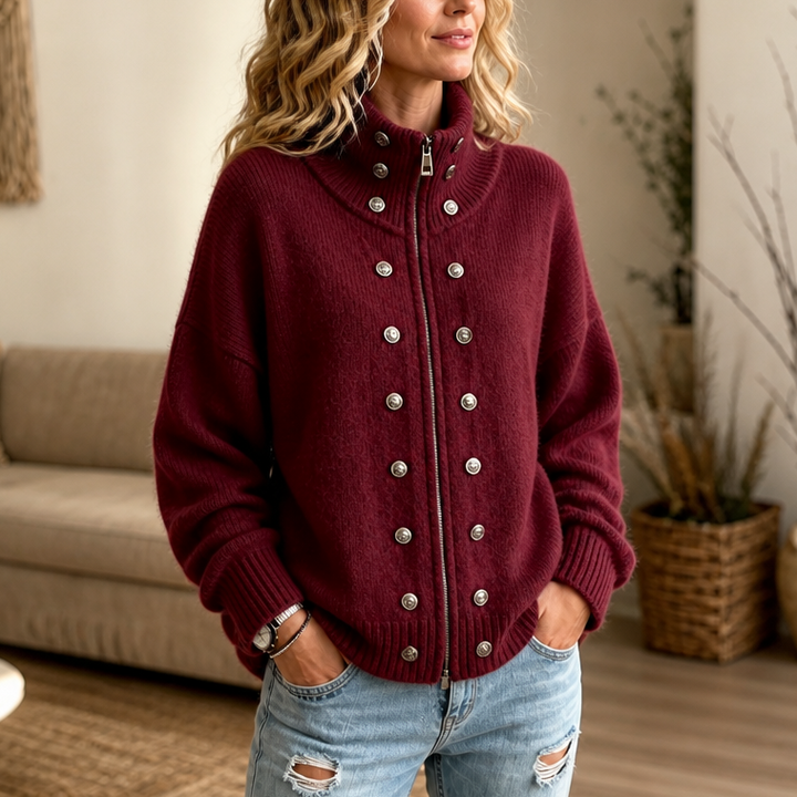 Mayfield – High-Collar Zip-Front Chunky Knit Cardigan Jacket
