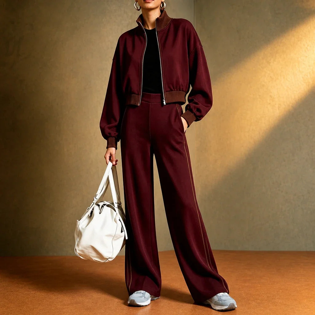Rally Rib – Cropped Bomber And Striped Wide-Leg Pants Set