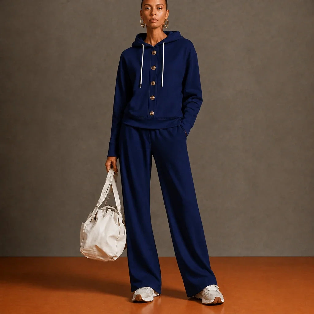 French Terry Button-Front Hoodie And Wide-Leg Sweatpants Set