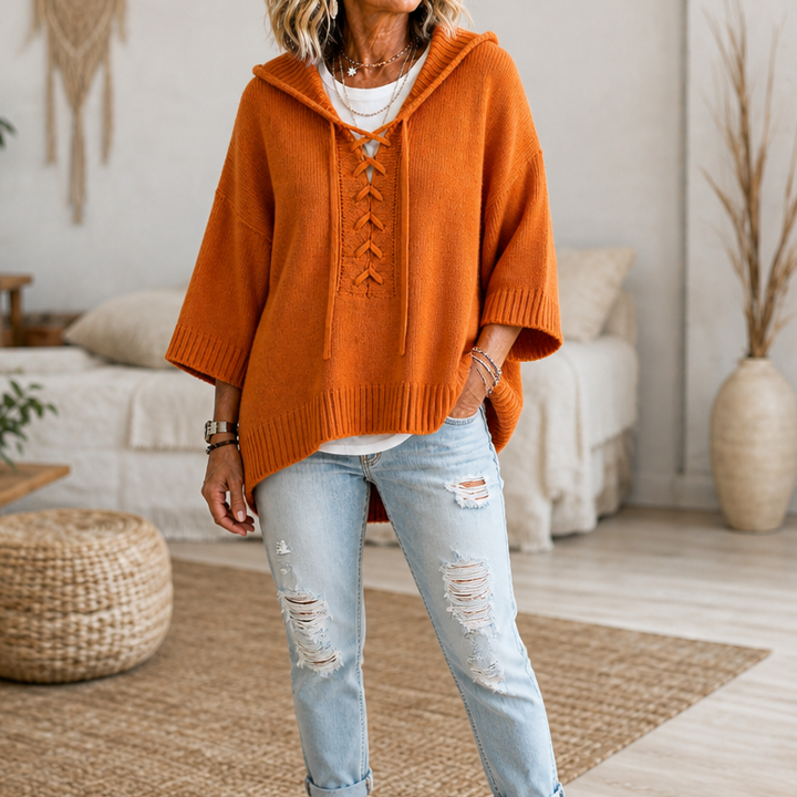 Lunarknit – Lace-Up Deep V Hooded Knit Pullover