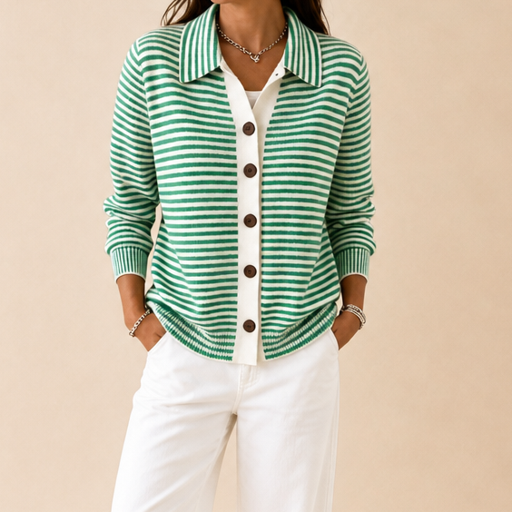 Wearbella – Striped Collared Button-Front Cardigan