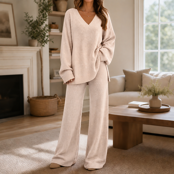 Vellora – V-Neck Knit Sweater And Wide-Leg Trouser Set