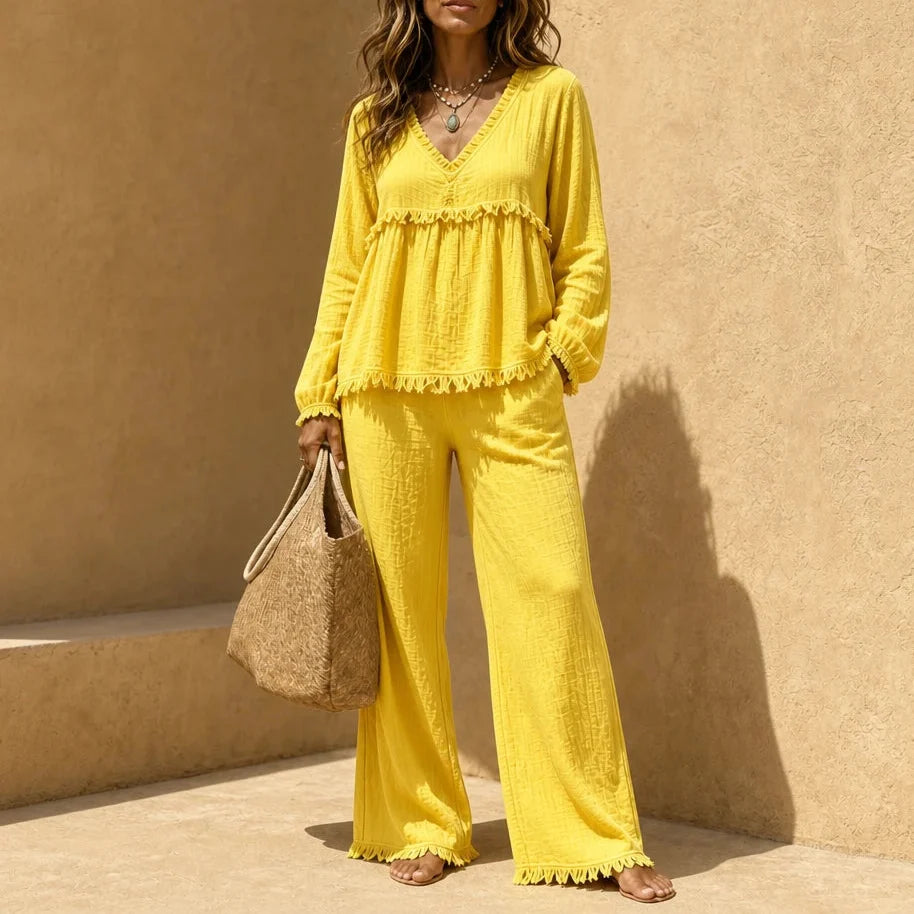 Boho Belle – Fringe-Trim Crinkle Top And Wide-Leg Pants Set