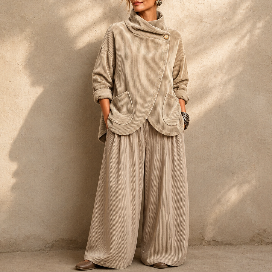Draperly – Asymmetric Hem Hooded Corduroy Poncho