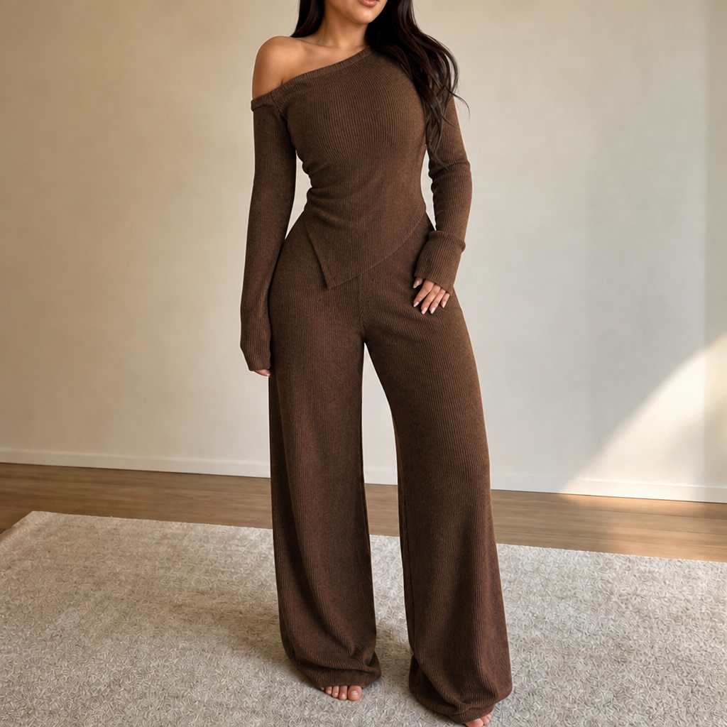 Wearbella – Off-Shoulder Ribbed Knit Top And Wide-Leg Pants Set