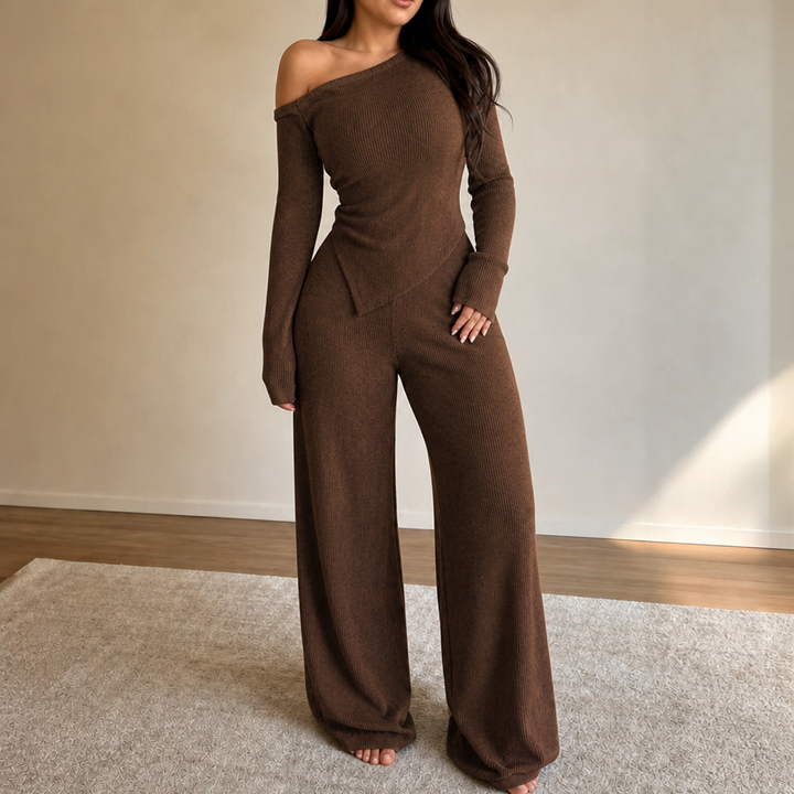 Wearbella – Off-Shoulder Ribbed Knit Top And Wide-Leg Pants Set