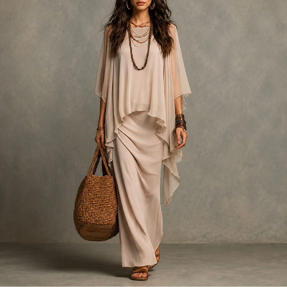 Draperie – Cape Sleeve Asymmetric Hem Maxi Dress