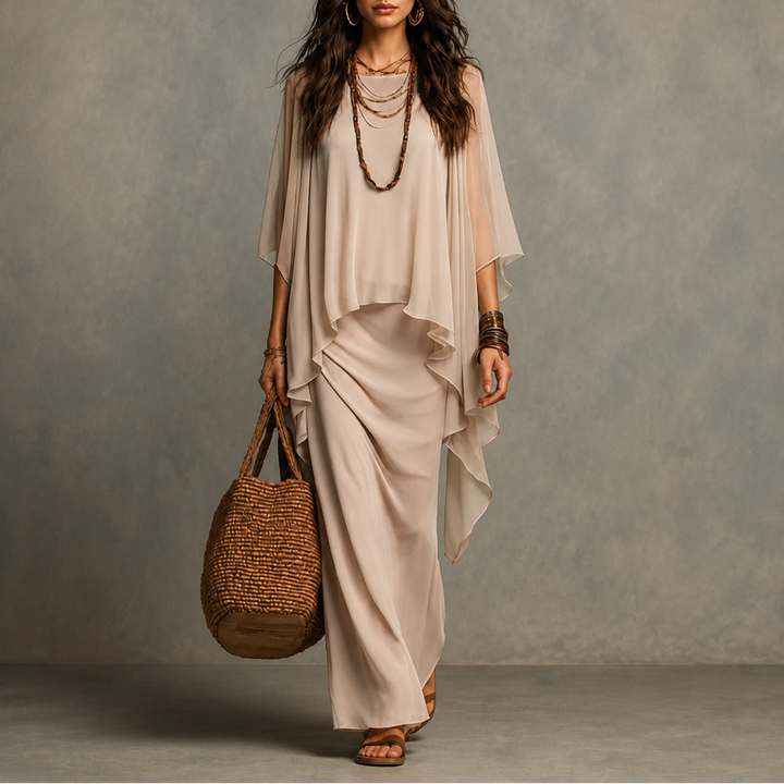 Draperie – Cape Sleeve Asymmetric Hem Maxi Dress