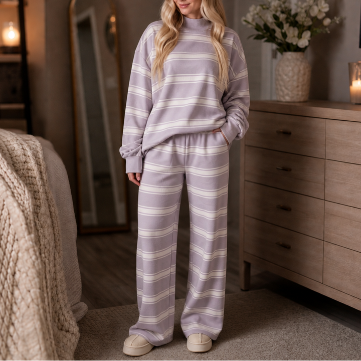 Stripe & Ease – Striped Mock-Neck Top And Wide-Leg Pants Set