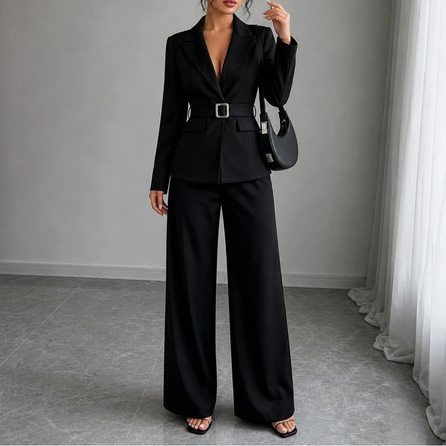 Vivia – Contrast-Lapel Belted Wide-Leg Pantsuit