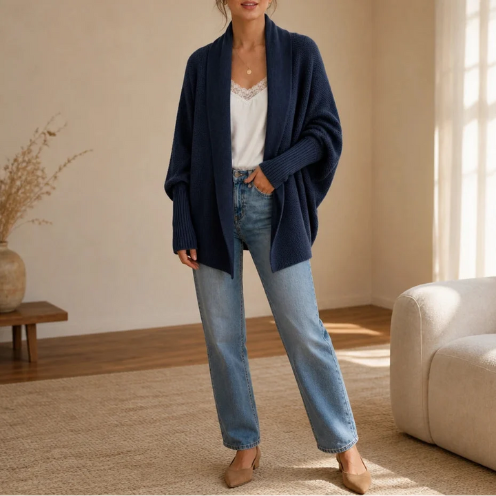 Drapeelle – Textured Batwing Open-Front Knit Cardigan