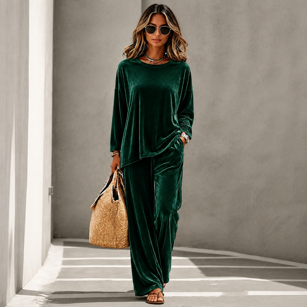 Velvenne – Wide-Leg Velvet-Look Top And Trouser Set