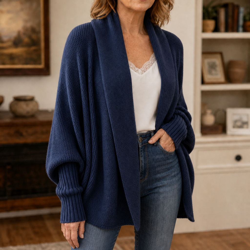 Drapeelle – Crochet-Look Open-Front Batwing Cardigan