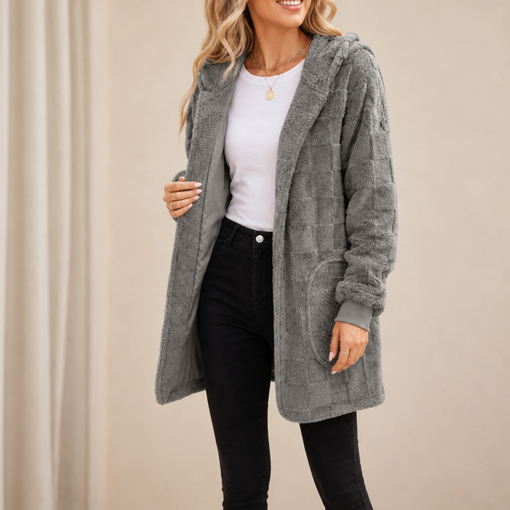 Checkora – Fluffy Checked Open-Front Cardigan