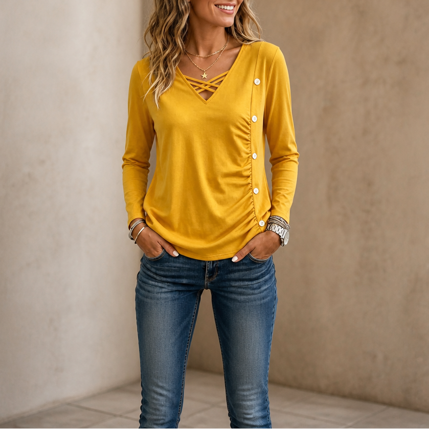 Ruchelle – Crisscross V-Neck Side-Ruched Top