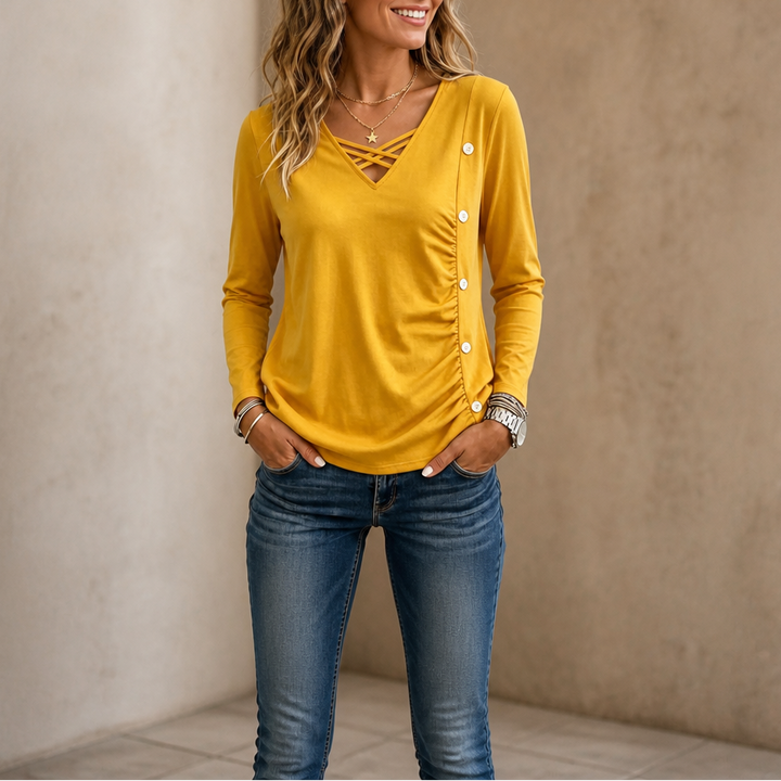 Ruchelle – Crisscross V-Neck Side-Ruched Top