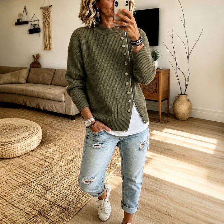 Velaire – Asymmetric Button Zip Ribbed Knit Pullover