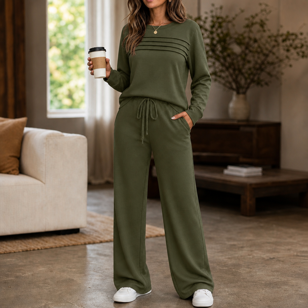 Wearbella – Pleated Crew Neck Drawstring Waist Lounge Set