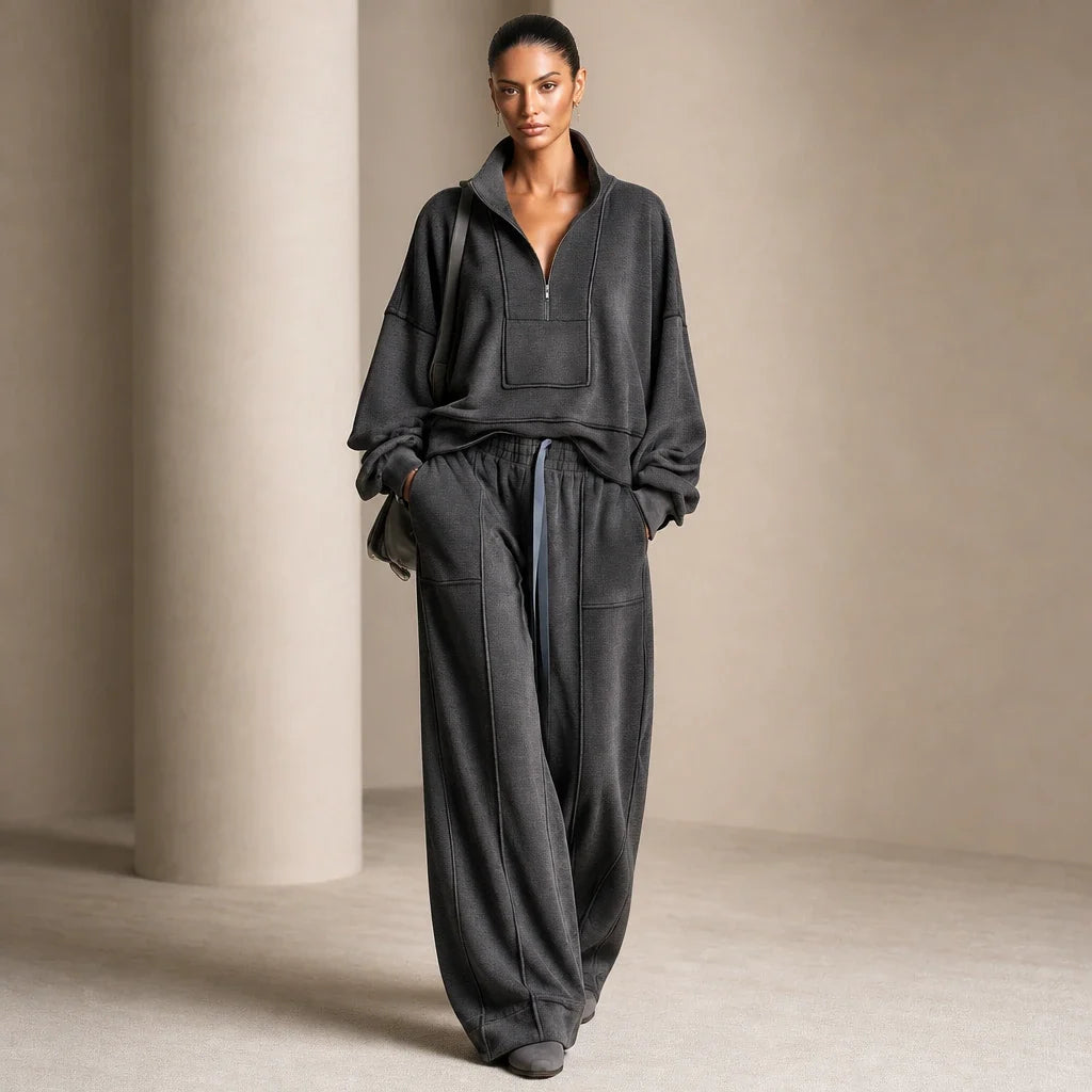 Veluna – Air-Layer Half-Zip Top And Wide-Leg Pants Set