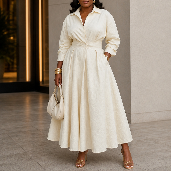 Everly Midi – Belted Long-Sleeve Collared Midi Dress