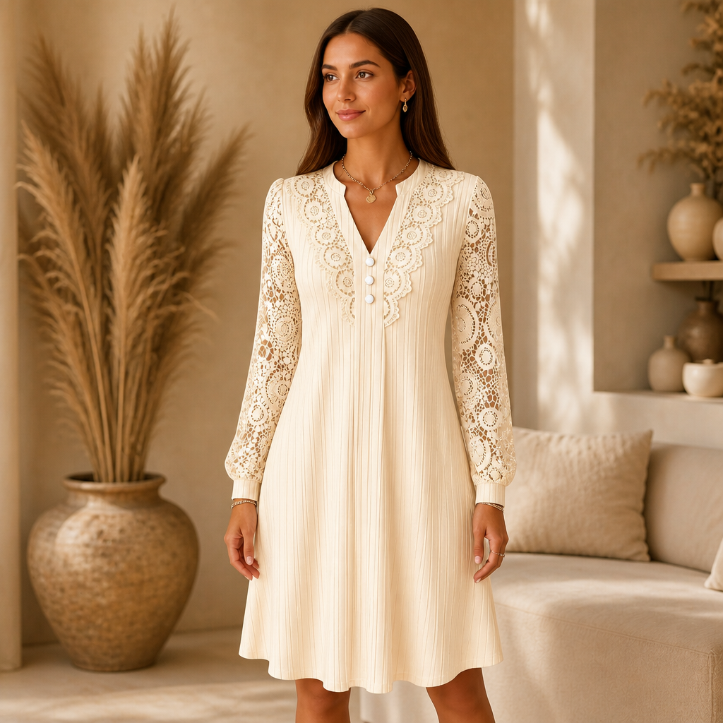 Vellora – V-Neck Lace Lantern-Sleeve A-Line Dress