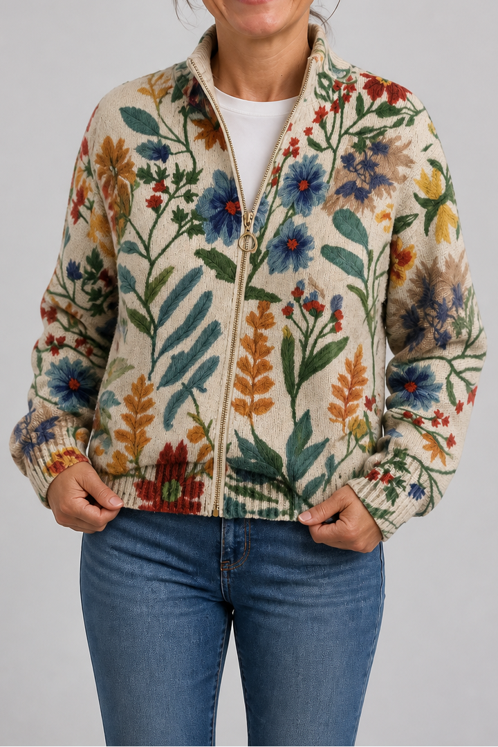 Threezip – Botanical Print Zip-Up Bomber Cardigan