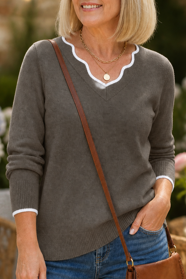 Wearbella – Wavy-Trim V-Neck Knit Top