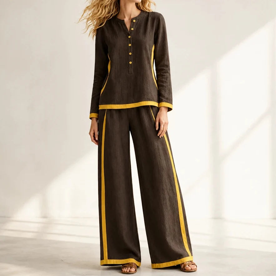 Modaform – Color-Block Long-Sleeve Top And Wide-Leg Pants Set