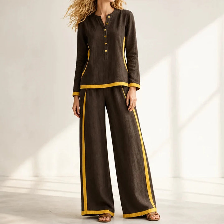 Modaform – Color-Block Long-Sleeve Top And Wide-Leg Pants Set