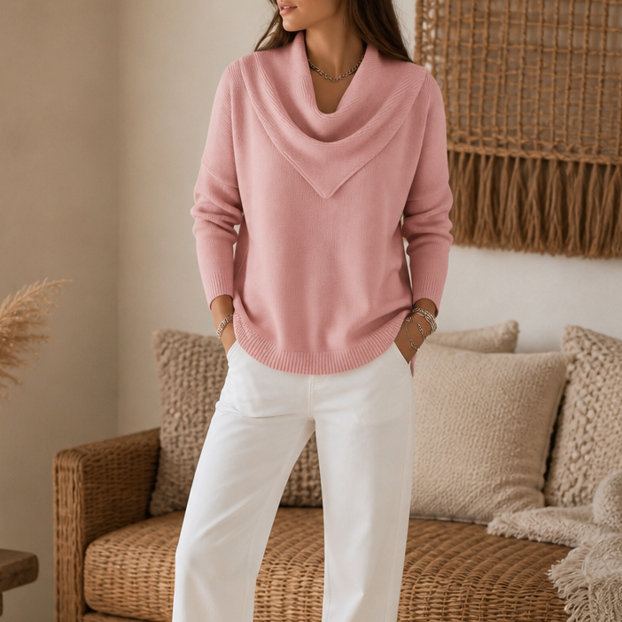 Collarvie – Draped Open-Collar Cowl Neck Sweater