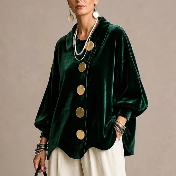 Velvara – Gold Button Velvet-Look Blouse
