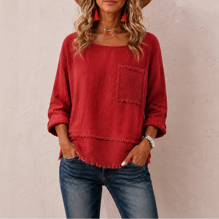 Marlowe – Crinkle-Textured Frayed-Trim Tunic Top
