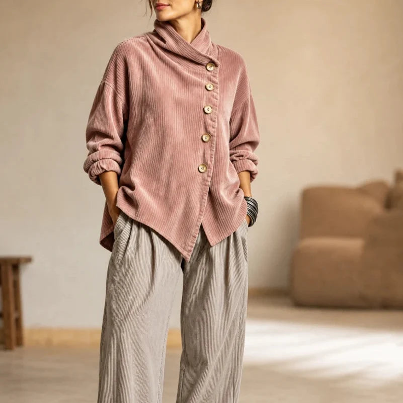 Everlayer – Draped Neck Asymmetrical Button-Front Top