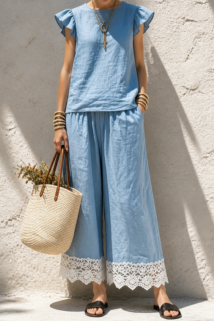Linenza – Crochet-Hem Ruffle-Sleeve Two-Piece Set
