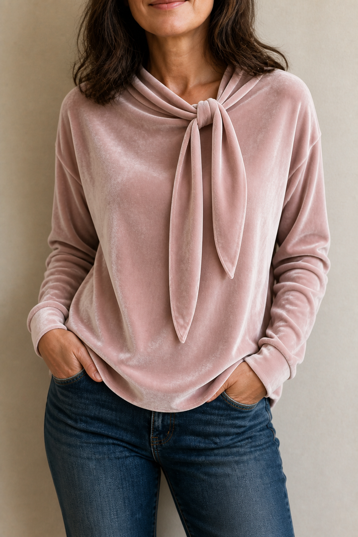 Tievelle – Velvet Tie-Neck Relaxed Blouse