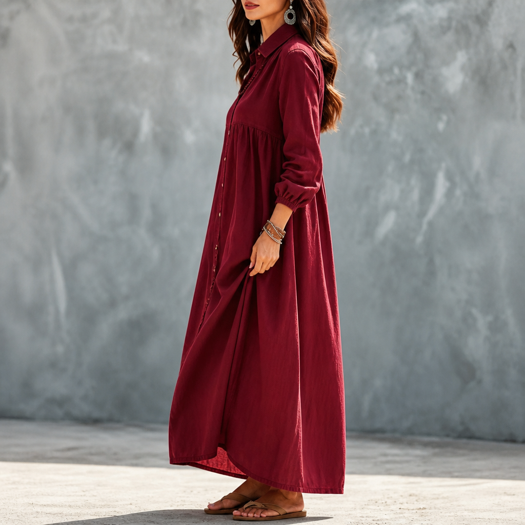 Linora – Button-Through Linen-Blend Maxi Shirt Dress
