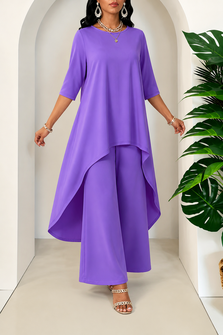Lineve – Asymmetric Diagonal-Hem Top And Wide-Leg Pants Set