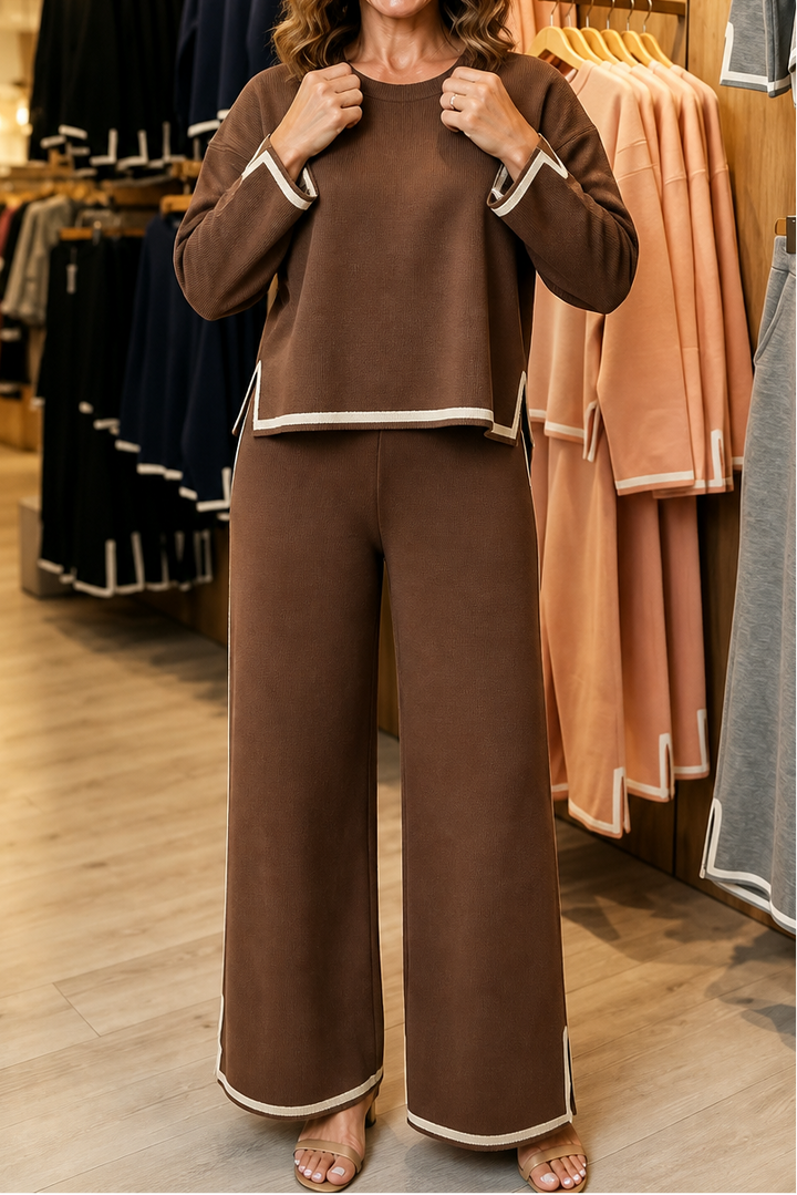 Setwell – Contrast-Trim Crewneck Top And Wide-Leg Pants Set