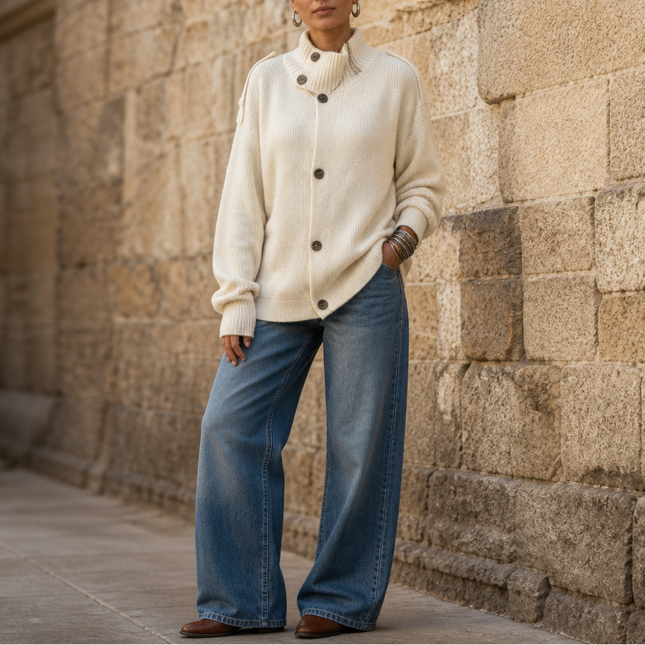 Diavelle – Diagonal Button High-Collar Knit Cardigan