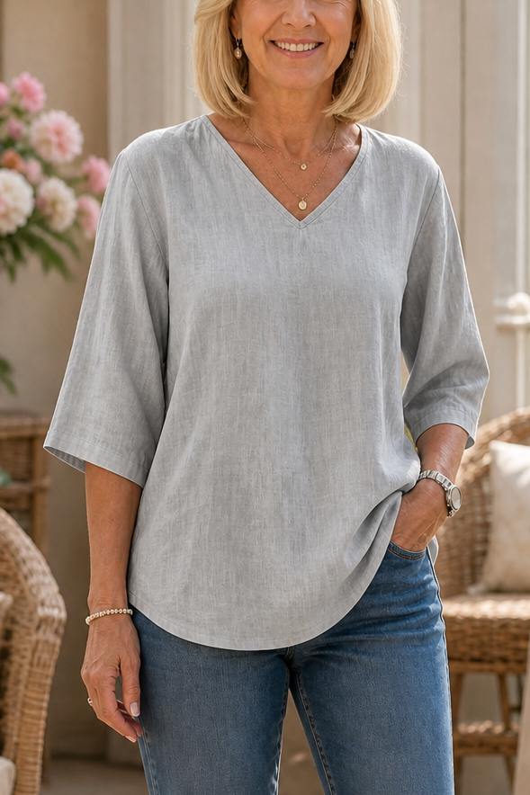Easa – V-Neck Relaxed-Fit Three-Quarter Sleeve Blouse