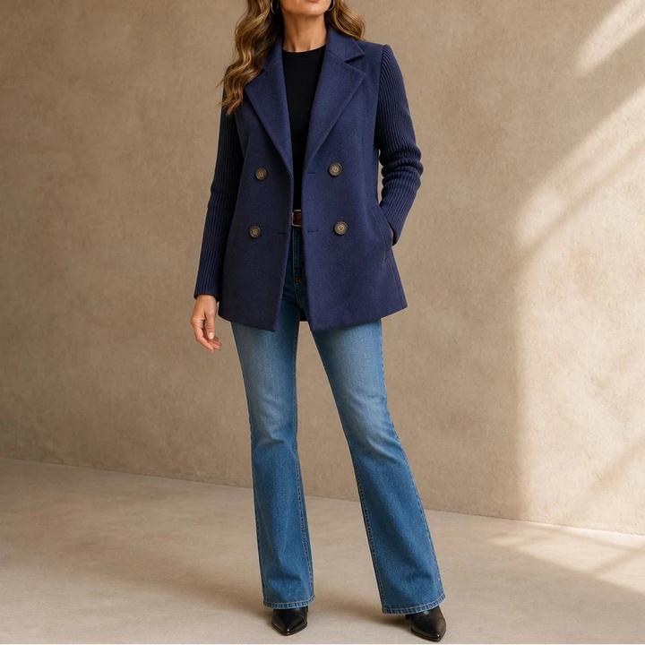 Celeste – Suede-Look Double-Breasted Knit-Sleeve Jacket