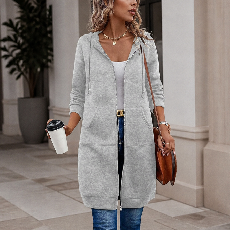 Easebella – Mid-Length Zip-Up Hooded Knit Cardigan