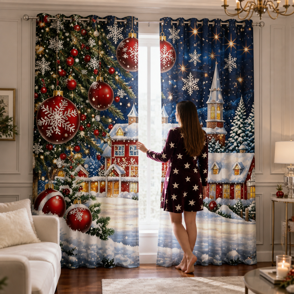 Yuletide Glow – Christmas Print Semi-Sheer Curtain Panels